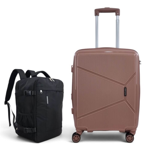 Σετ Βαλίτσα Καμπίνας 55x40x20cm 2.5kg & Σακίδιο 43x30x20cm Ελαφρύ Αδιάβροχο Μαύρο — Playbags PP001 Ροζ/Χρυσο